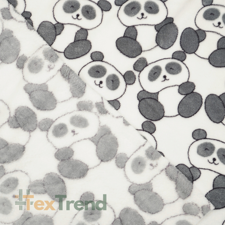 Kuschelfleece Stoff – Kinder Muster -  graue Pandas auf weißem Hintergrund