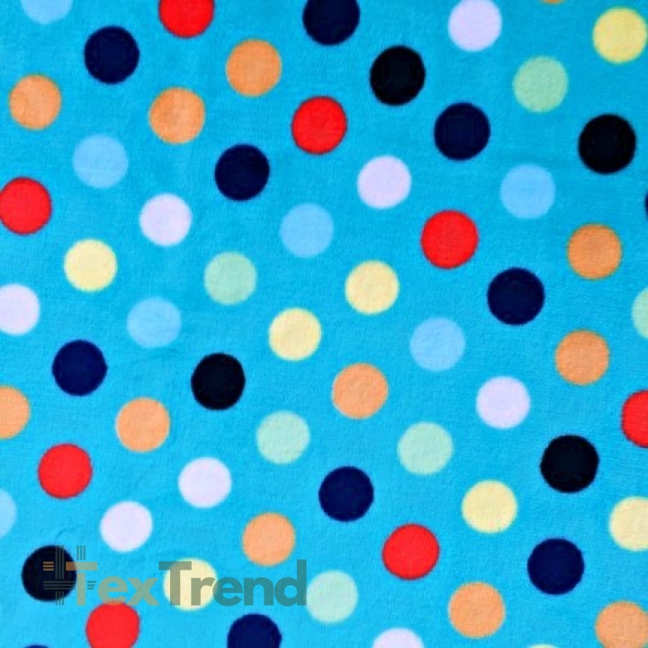 Kuschelfleece Stoff – Kinder Muster -  bunte Punkte auf blauem Hintergrund