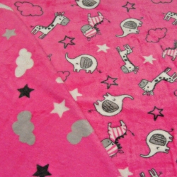 Kuschelfleece Stoff – Kinder Muster -  rosa doppelseitig Tiere, Wolken und Sterne