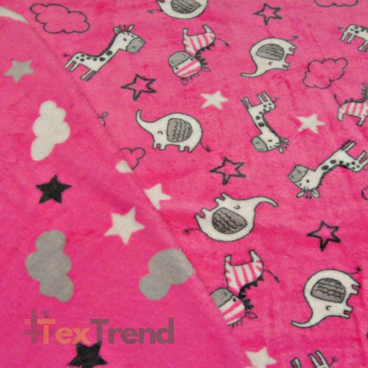 Kuschelfleece Stoff – Kinder Muster -  rosa doppelseitig Tiere, Wolken und Sterne