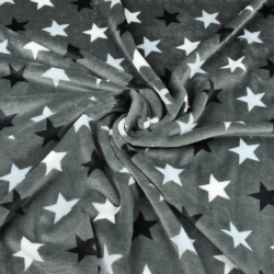 Kuschelfleece Stoff – Kinder Muster -  schwarz-weiße Sterne auf dunkelgrauem Hintergrund