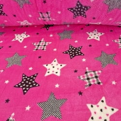 Kuschelfleece Stoff – Kinder Muster -  gemusterte Sterne grau-weiß auf amarantfarbenem Hintergrund