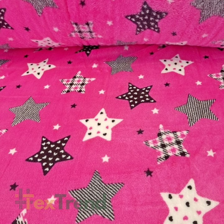 Kuschelfleece Stoff – Kinder Muster -  gemusterte Sterne grau-weiß auf amarantfarbenem Hintergrund