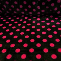 Kuschelfleece Stoff – Kinder Muster -  amarantfarbene Punkte auf schwarzem Hintergrund