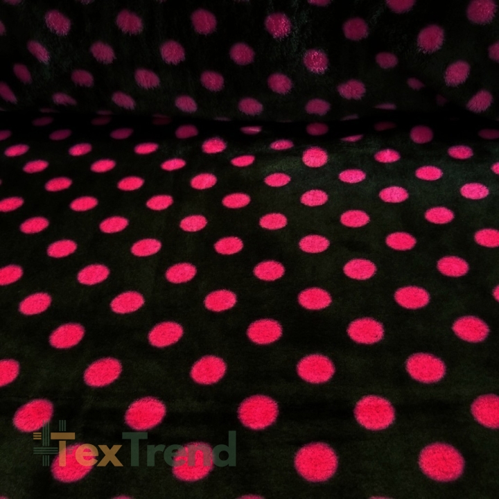 Kuschelfleece Stoff – Kinder Muster -  amarantfarbene Punkte auf schwarzem Hintergrund