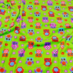 Kuschelfleece Stoff – Kinder Muster -  bunte Eulen auf grünem Hintergrund
