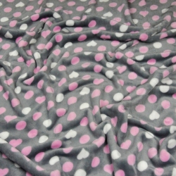 Kuschelfleece Stoff – Kinder Muster -  rosa-weiße Punkte und Herzen auf grauem Hintergrund