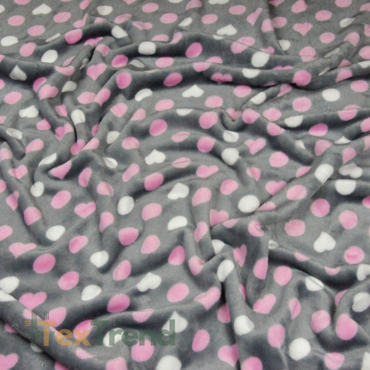 Kuschelfleece Stoff – Kinder Muster -  rosa-weiße Punkte und Herzen auf grauem Hintergrund