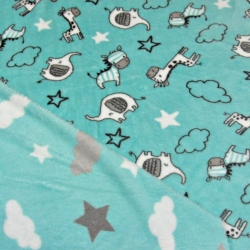 Kuschelfleece Stoff – Kinder Muster -  mintfarben doppelseitig Tiere, Wolken und Sterne