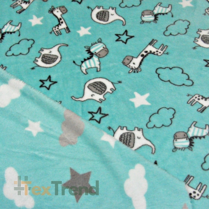 Kuschelfleece Stoff – Kinder Muster -  mintfarben doppelseitig Tiere, Wolken und Sterne