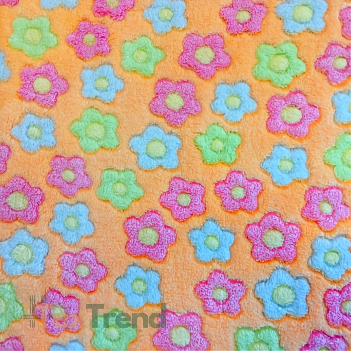Kuschelfleece Stoff – Kinder Muster - bunte Blumen auf orangefarbenem Hintergrund