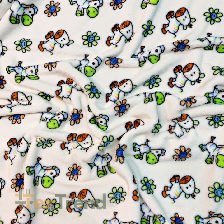 Kuschelfleece Stoff – Kinder Muster - Pferde mit Blumen auf ecrufarbenem Hintergrund