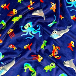 Kuschelfleece Stoff – Kinder Muster - Meereslebewesen auf navy Hintergrund