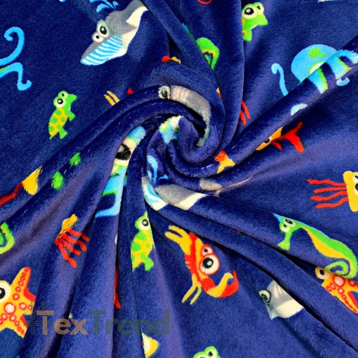 Kuschelfleece Stoff – Kinder Muster - Meereslebewesen auf navy Hintergrund