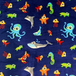Kuschelfleece Stoff – Kinder Muster - Meereslebewesen auf navy Hintergrund