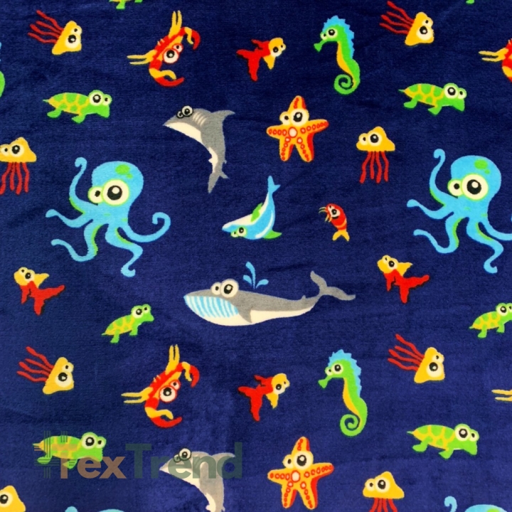 Kuschelfleece Stoff – Kinder Muster - Meereslebewesen auf navy Hintergrund