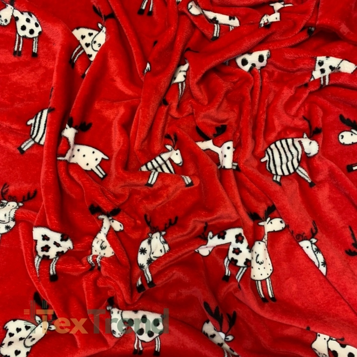 Kuschelfleece Stoff – Kinder Muster - Elche auf rotem Hintergrund