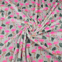 Kuschelfleece Stoff – Kinder Muster - rosa Flamingos auf grauem Hintergrund