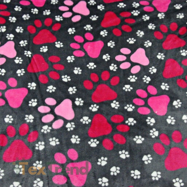 Kuschelfleece Stoff – Kinder Muster - rosa Pfoten auf grauem Hintergrund