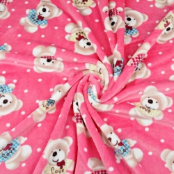Kuschelfleece Stoff – Kinder Muster - Plüschbären auf rosa Hintergrund