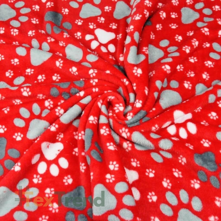 Kuschelfleece Stoff – Kinder Muster - graue Pfoten auf rotem Hintergrund