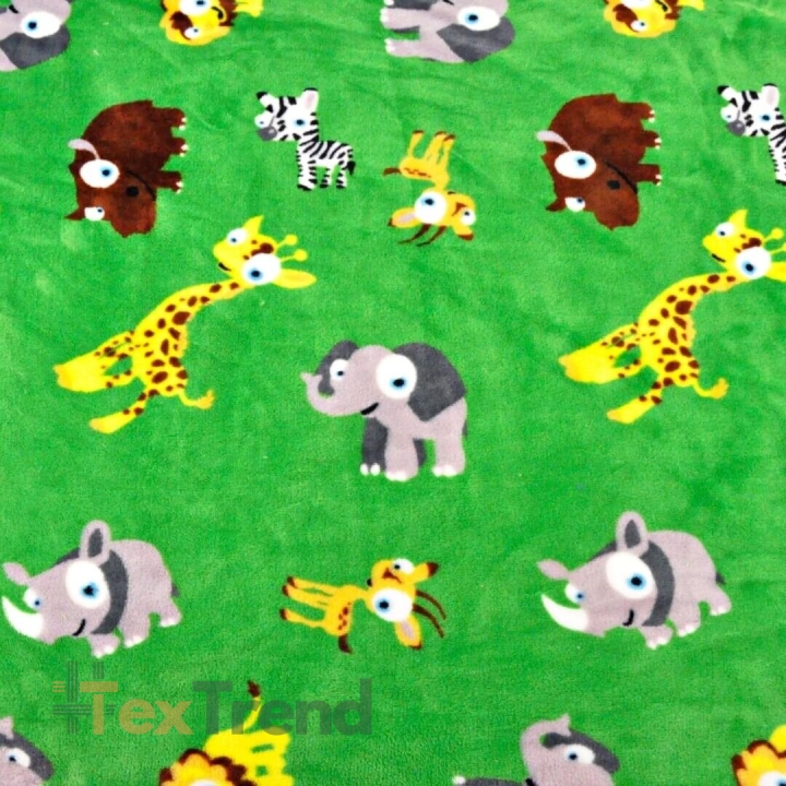 Kuschelfleece Stoff – Kinder Muster - afrikanische Tiere auf grünem Hintergrund