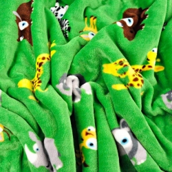 Kuschelfleece Stoff – Kinder Muster - afrikanische Tiere auf grünem Hintergrund