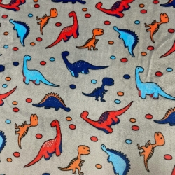 Kuschelfleece Stoff – Kinder Muster - bunte Dinosaurier auf grauem Hintergrund