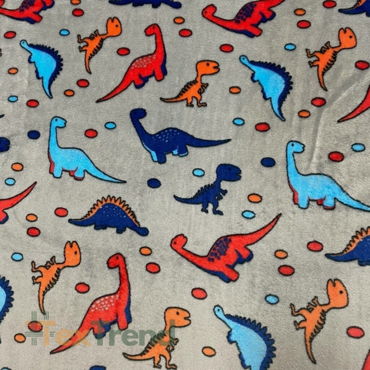 Kuschelfleece Stoff – Kinder Muster - bunte Dinosaurier auf grauem Hintergrund