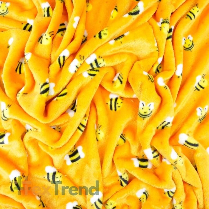 Kuschelfleece Stoff – Kinder Muster - Bienen auf orangefarbenem Hintergrund