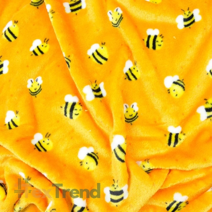 Kuschelfleece Stoff – Kinder Muster - Bienen auf orangefarbenem Hintergrund