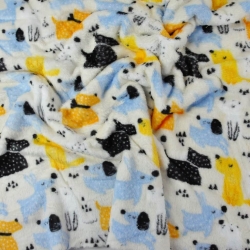 Kuschelfleece Stoff – Kinder Muster - Hündchen blau-schwarz-gelb auf ecru Hintergrund