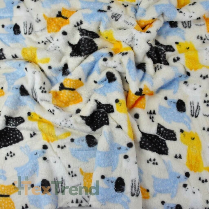 Kuschelfleece Stoff – Kinder Muster - Hündchen blau-schwarz-gelb auf ecru Hintergrund