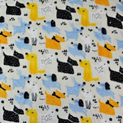 Kuschelfleece Stoff – Kinder Muster - Hündchen blau-schwarz-gelb auf ecru Hintergrund