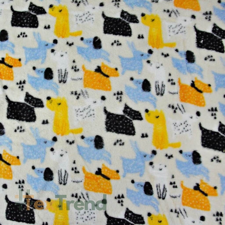 Kuschelfleece Stoff – Kinder Muster - Hündchen blau-schwarz-gelb auf ecru Hintergrund