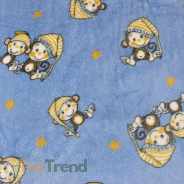 Kuschelfleece Stoff – Kinder Muster - Äffchen auf blauem Hintergrund