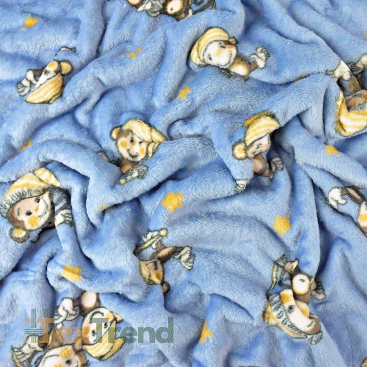 Kuschelfleece Stoff – Kinder Muster - Äffchen auf blauem Hintergrund