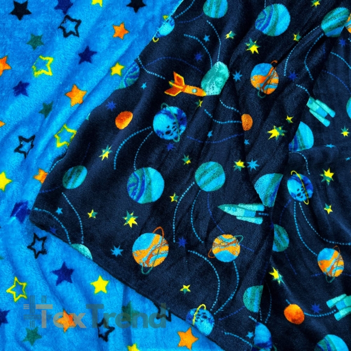 Kuschelfleece Stoff – Kinder Muster - doppelseitig Weltraum und Sterne