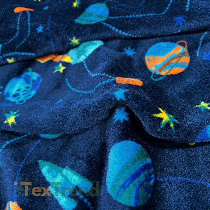 Kuschelfleece Stoff – Kinder Muster - doppelseitig Weltraum und Sterne