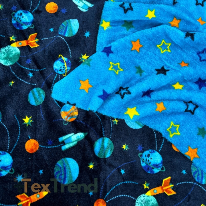 Kuschelfleece Stoff – Kinder Muster - doppelseitig Weltraum und Sterne