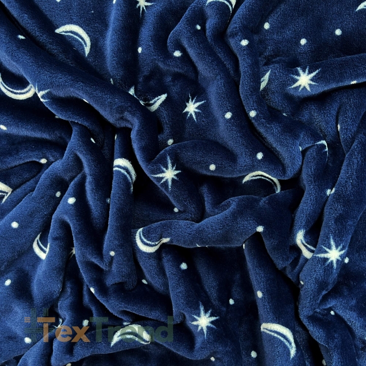 Kuschelfleece Stoff – Kinder Muster - Monde auf dunkelblauem Hintergrund