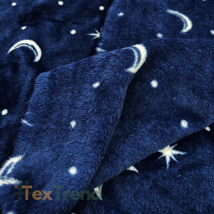 Kuschelfleece Stoff – Kinder Muster - Monde auf dunkelblauem Hintergrund