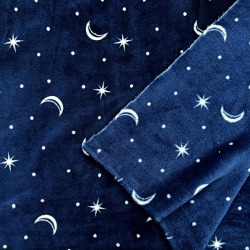 Kuschelfleece Stoff – Kinder Muster - Monde auf dunkelblauem Hintergrund