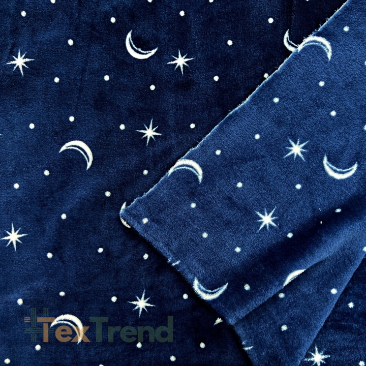 Kuschelfleece Stoff – Kinder Muster - Monde auf dunkelblauem Hintergrund