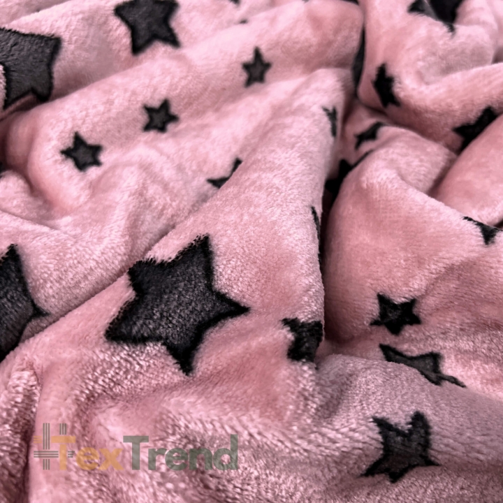 Kuschelfleece Stoff – Kinder Muster - graue Sterne auf rosa Hintergrund