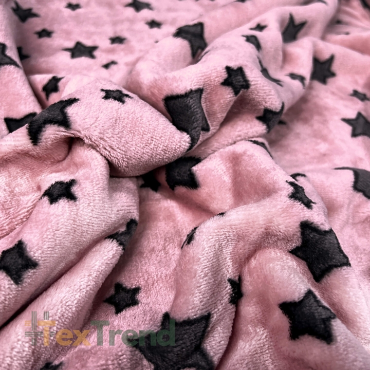 Kuschelfleece Stoff – Kinder Muster - graue Sterne auf rosa Hintergrund