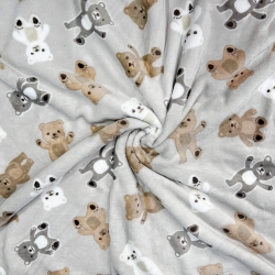 Kuschelfleece Stoff – Kinder Muster - Bären auf grau-beigem Hintergrund