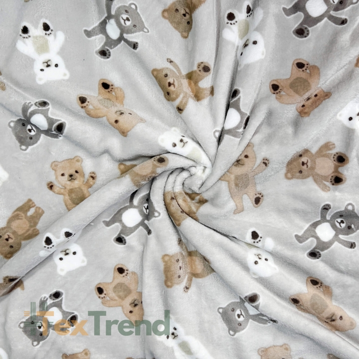 Kuschelfleece Stoff – Kinder Muster - Bären auf grau-beigem Hintergrund