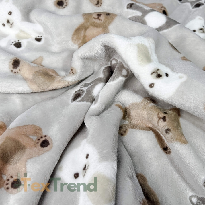 Kuschelfleece Stoff – Kinder Muster - Bären auf grau-beigem Hintergrund