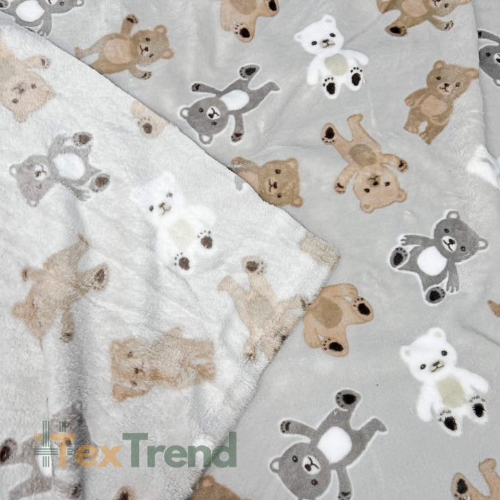 Kuschelfleece Stoff – Kinder Muster - Bären auf grau-beigem Hintergrund
